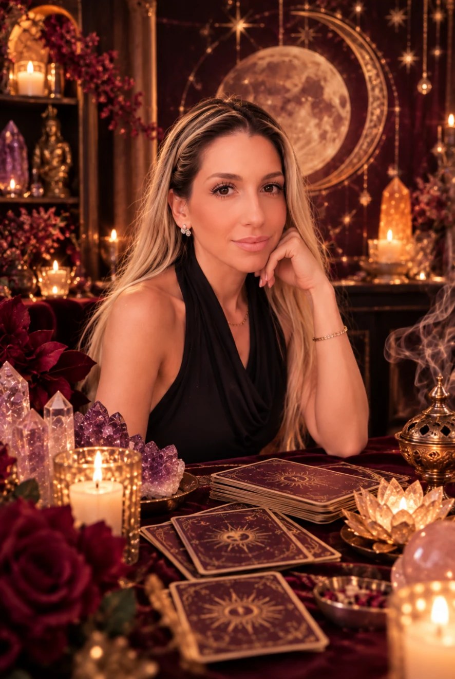 Lana seated with tarot cards, crystals, and roses